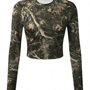 Camouflage Long Sleeve Tee Tree Branch Pattern Crop Crew Neck Sz Large